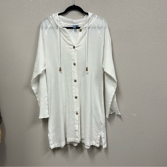 ST. John’s Bay Swim Woman White Button-Up Hooded Tunic Coverup - Picture 1 of 11